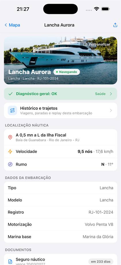 Perfil e diagnóstico da embarcação no aplicativo NautMax